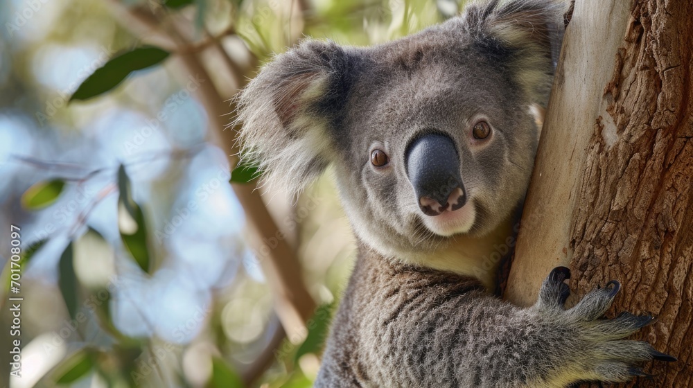 Aufkleber A close up view of a koala perched on a tree. This image captures the adorable details of the koala's fur and features. Perfect for nature enthusiasts and animal lovers alike