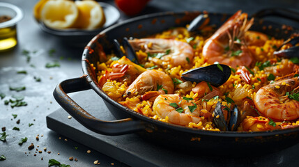 Fototapeta premium A pot of Spanish paella.