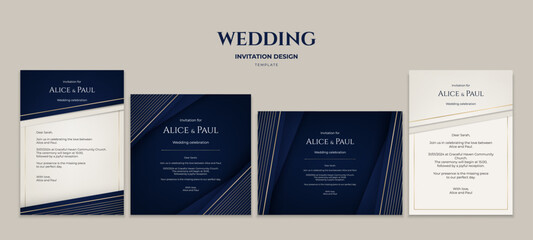 A luxury wedding invitation set in blue, white and gold, with geometric patterns. The elegant design features stripes and a golden border, creating a classic and premium atmosphere. Not AI.