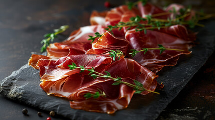 Cured ham (prosciutto crudo) sliced on a black board.