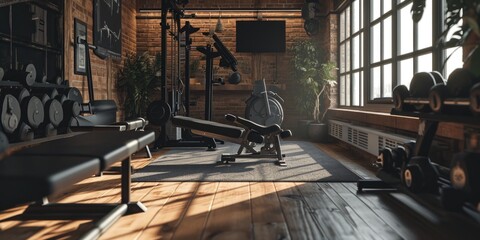 A fully equipped gym room with a bench, weights, and various other exercise equipment. Ideal for fitness enthusiasts and athletes looking for a place to workout
