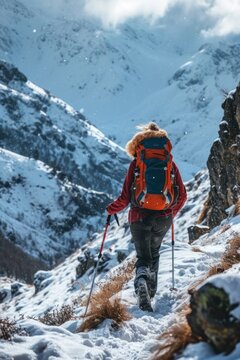A person is seen walking up a snow covered mountain. This image can be used to depict adventure, outdoor activities, or the beauty of nature