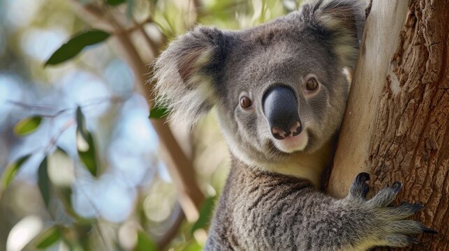 A close up view of a koala perched on a tree. This image captures the adorable details of the koala's fur and features. Perfect for nature enthusiasts and animal lovers alike