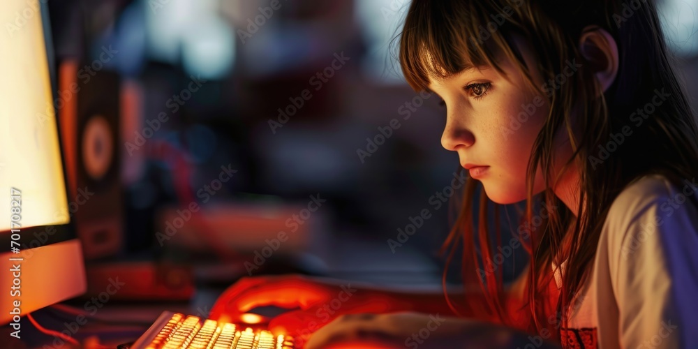Poster a young girl sitting in front of a computer, engaged in an activity or learning experience. suitable