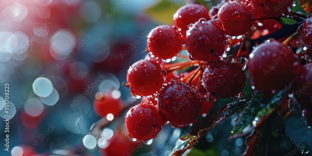 Poster a close-up view of a bunch of berries on a tree. this image can be used for various purposes