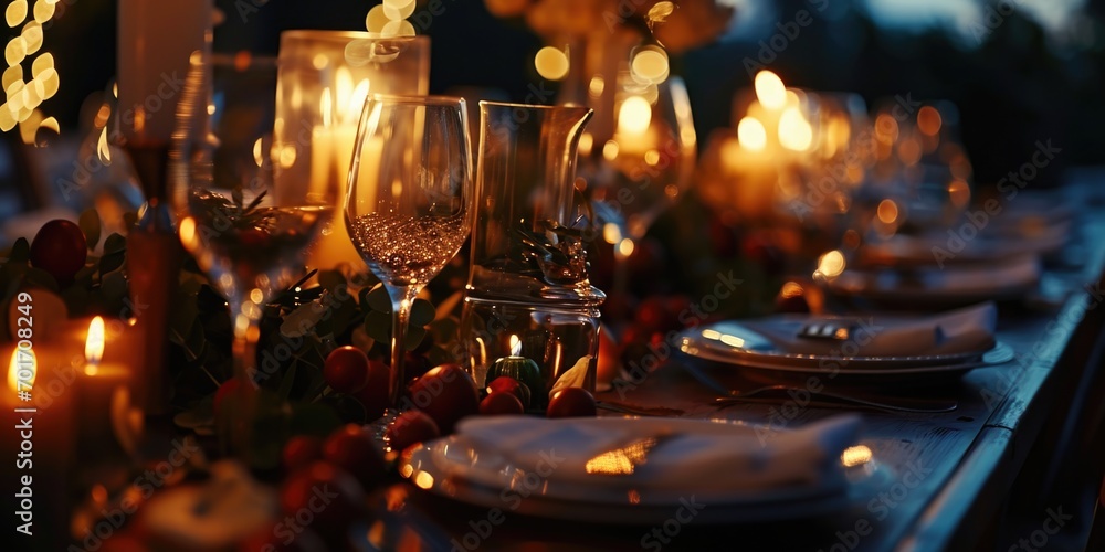 Poster A long table with a variety of plates and glasses. Perfect for showcasing a banquet or event setup