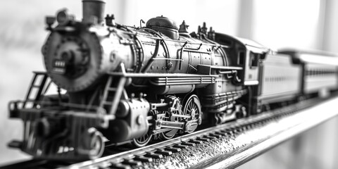 A black and white photo of a model train. Suitable for various creative projects