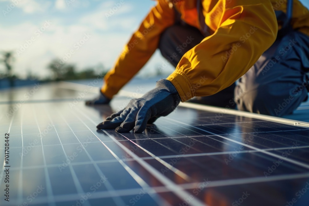 Poster a man in a yellow jacket standing on a solar panel. suitable for renewable energy and sustainable te