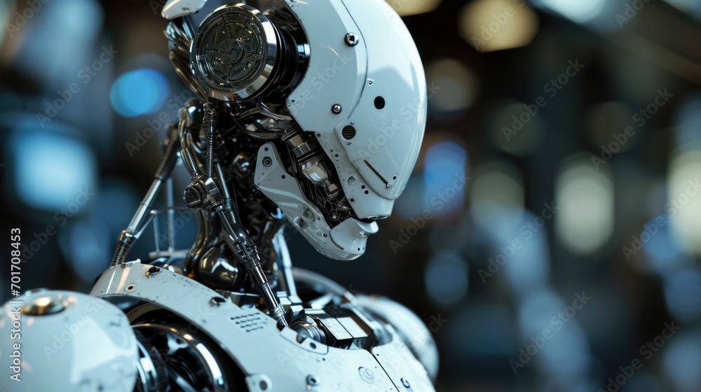 Aufkleber Close-up view of a robot's head and neck. Suitable for technology-related projects and futuristic themes