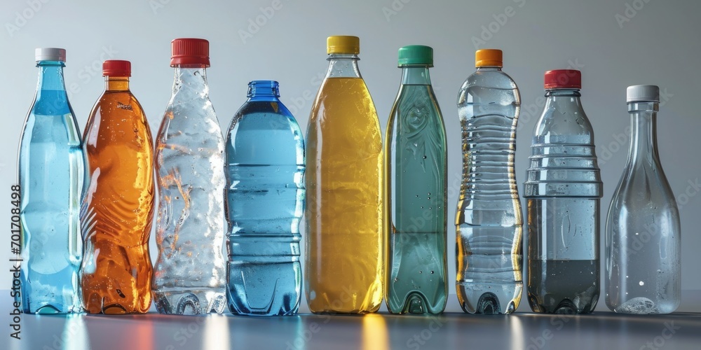 Poster A row of different colored bottles on a table. Suitable for various uses