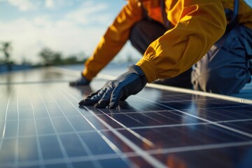 A man in a yellow jacket standing on a solar panel. Suitable for renewable energy and sustainable technology concepts - obrazy, fototapety, plakaty