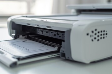 A printer sitting on top of a white table. Can be used for office or home decor