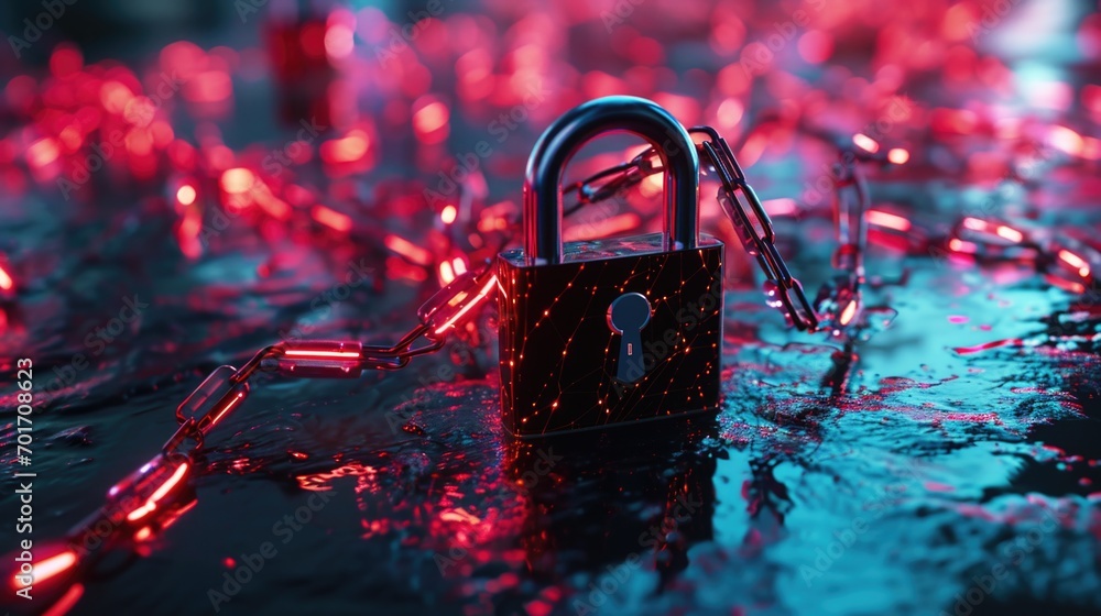 Aufkleber A lock on a chain with red lights in the background. Can be used to symbolize security, protection, or a locked and secure environment