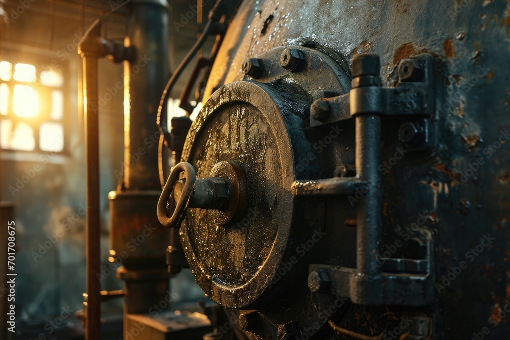 Poster an up-close view of an old train engine. can be used in historical or transportation-themed projects
