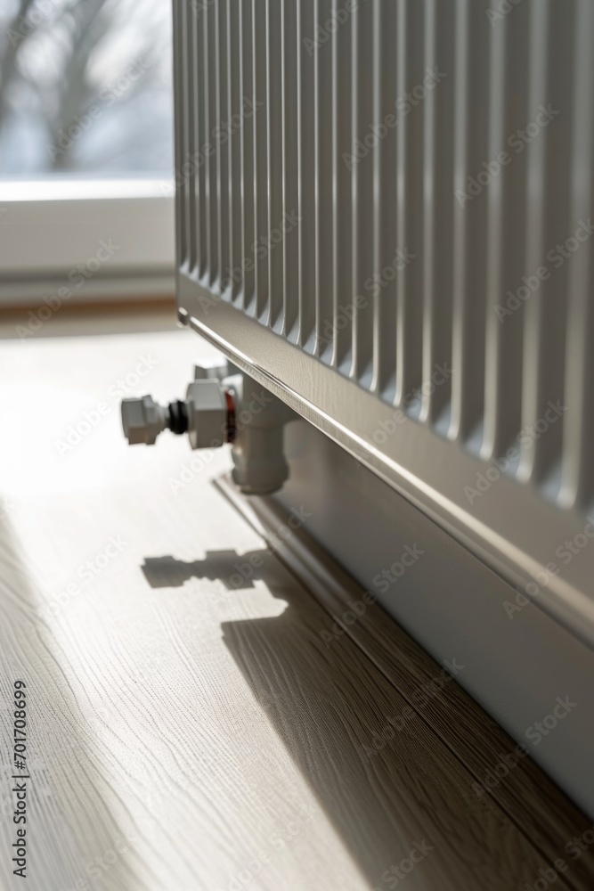 Poster a detailed close-up view of a radiator placed on a wooden floor. this image can be used to depict ho