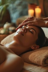 Obraz na płótnie Canvas A woman is shown receiving a relaxing facial massage at a spa. This image can be used to promote spa services and wellness treatments