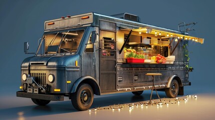 A food truck is parked on the side of the road. It can be used to represent street food, mobile...