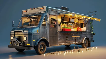 Foto op Aluminium A food truck is parked on the side of the road. It can be used to represent street food, mobile dining, or food vendors. Great for food-related articles, blogs, or restaurant promotions © Fotograf