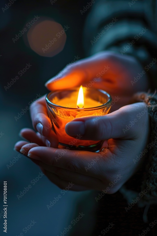 Poster a person holding a lit candle in their hands. perfect for creating a cozy and intimate atmosphere.