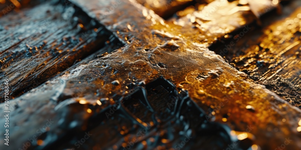 Aufkleber Close-up view of water on a wooden surface. Versatile image that can be used for various concepts and themes