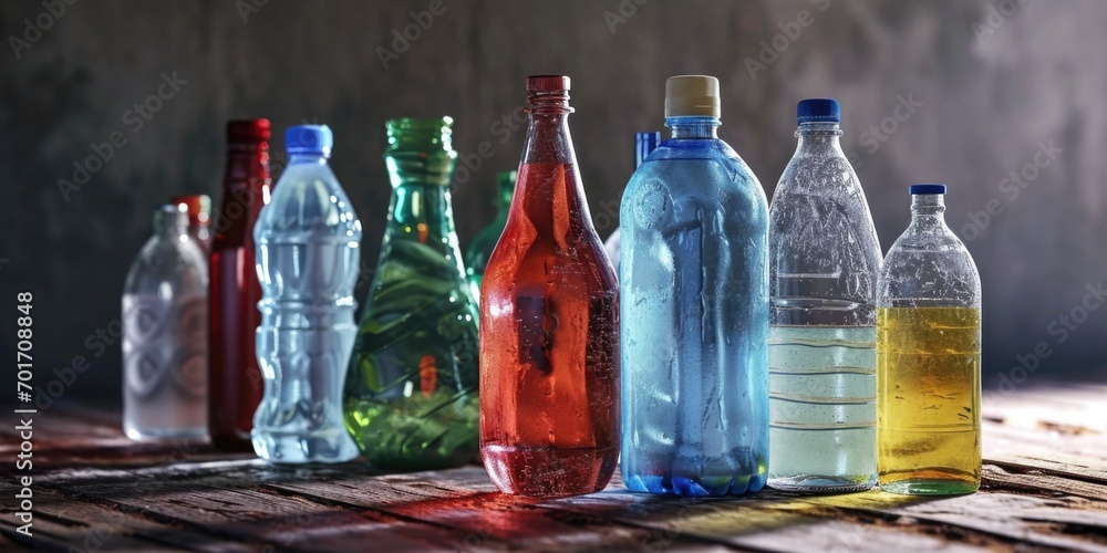 Poster A row of empty bottles sitting on top of a wooden table. Perfect for bar scenes or still life compositions