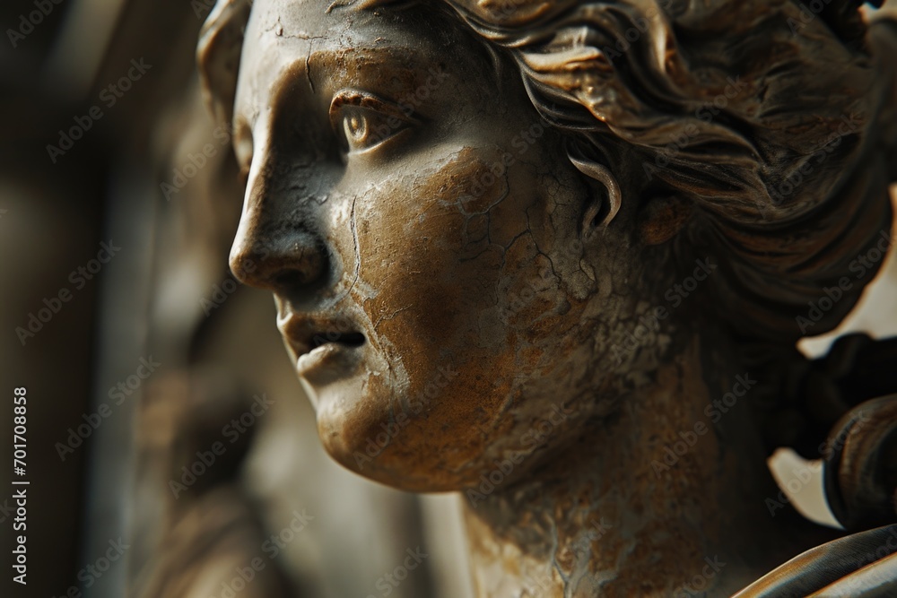 Poster a close-up view of a statue depicting a woman. suitable for various artistic and historical projects