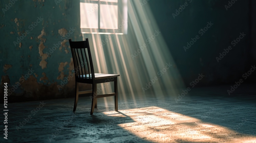 Poster a wooden chair placed in front of a window. can be used to represent relaxation or a cozy corner in 