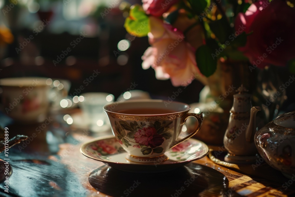 Poster A simple and elegant image of a tea cup and saucer placed on a table. Suitable for various purposes