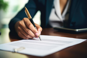 A young businesswoman or lawyer engaged in signing a professional mortgage or investment contract, symbolizing important legal and financial decisions. - obrazy, fototapety, plakaty