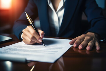 A dedicated lawyer or business professional is pictured reviewing and signing a crucial investment document, highlighting the intersection of law and finance. - obrazy, fototapety, plakaty