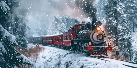 A train is seen traveling through a snow-covered forest. This image can be used to depict winter...