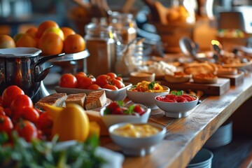A table filled with a diverse selection of food. Perfect for illustrating a buffet, food festival,...