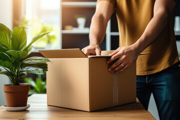 A man on he moving day, symbolizing a new chapter in homeownership, underpinned by the commitment of a home loan and real estate investment. - obrazy, fototapety, plakaty