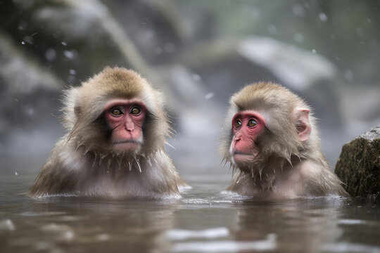 Monkeys sitting in a hot water spring.