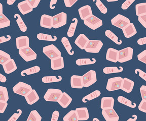 Crazy pattern with wedding ring in box and newlyweds sign.