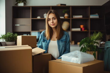A young woman unpacking boxes in her new home, capturing the essence of moving day and the exciting journey in real estate and securing a mortgage.