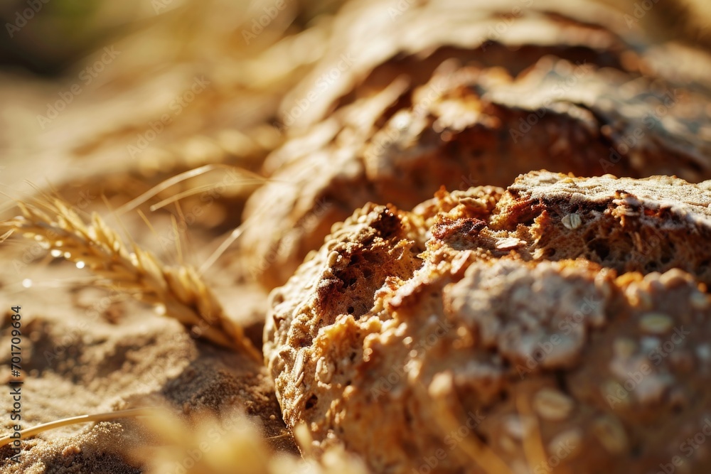 Aufkleber a loaf of bread sitting on top of a pile of wheat. this image can be used to depict a fresh and orga
