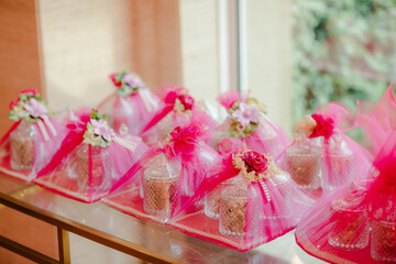 zero waste. Eco friendly packaging gifts in kraft paper and garland