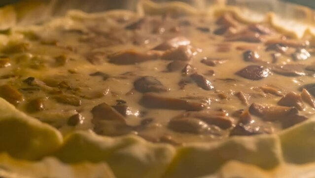 Baking rustic cake with mushrooms, cooked ham and bechamel - Timelapse