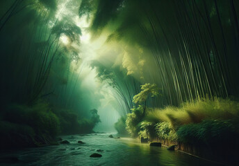 green bamboo and river nature view