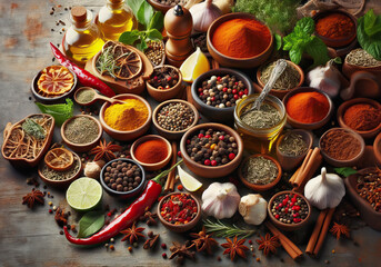 spices and herbs for cooking, food ingredients, concept of flavor