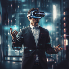 Futuristic Business Visionary with AI Goggles. The background showcases a dynamic fusion of futuristic elements.