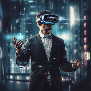 Futuristic Business Visionary with AI Goggles. The background showcases a dynamic fusion of futuristic elements.