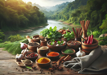 spices and herbs for cooking, food ingredients, concept of flavor, on wooden table, kitchen towel,...