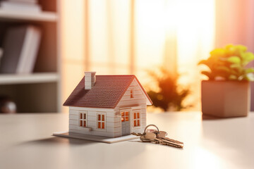 A mini house model and house keys, illustrating mortgage approval and home insurance concepts. - obrazy, fototapety, plakaty