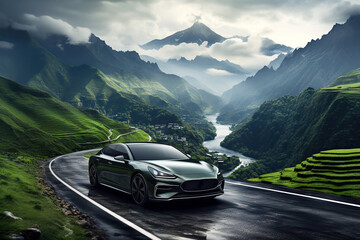 sports car rides on highway road in nature with mountains and forests in summer on a journey. Top...