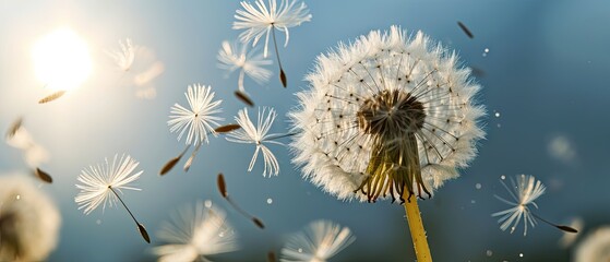 Dandelion with multiply seeds on sky back