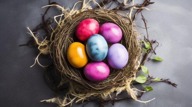Flat lay of easter eggs in nest twigs on dark grey background. AI generated image