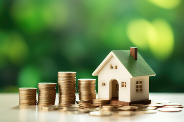 Illustrating the journey of saving money for a home loan, this image features a house model and coins on a green background, symbolizing smart financial planning for mortgage payments.