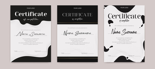 Black and white certificate template with a modern flowing design. Perfect for beauty education, eyelash, or makeup artists. Elegant collection ideal for awards or educational achievements. Not AI.
